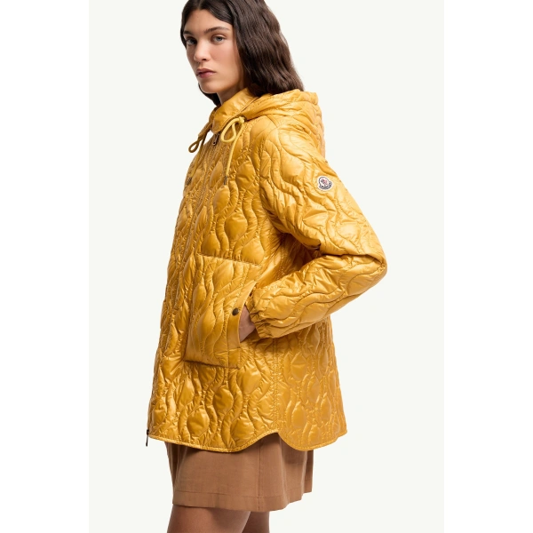 Moncler Balette Geometric Quilted Short Down Jacket in Yellow, view 6 | Women's Puffer Jackets | Coveti