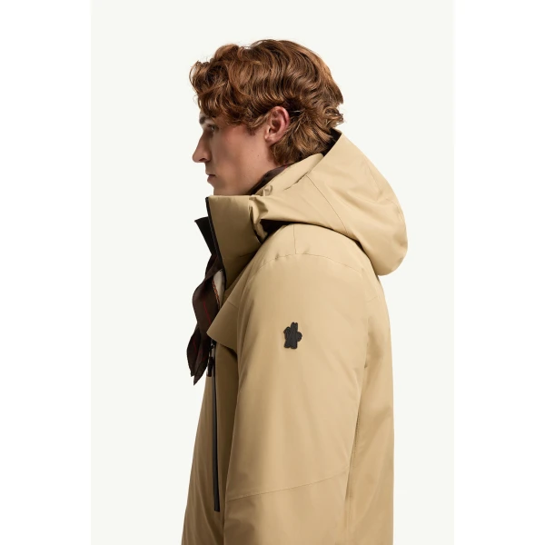 Moncler Balmhorn Hooded GORE-TEX Insulated Ski Jacket in Light Brown, view 3 | Men's Skiwear | Coveti