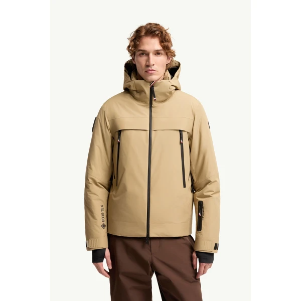 Moncler Balmhorn Hooded GORE-TEX Insulated Ski Jacket in Light Brown, view 4 | Men's Skiwear | Coveti