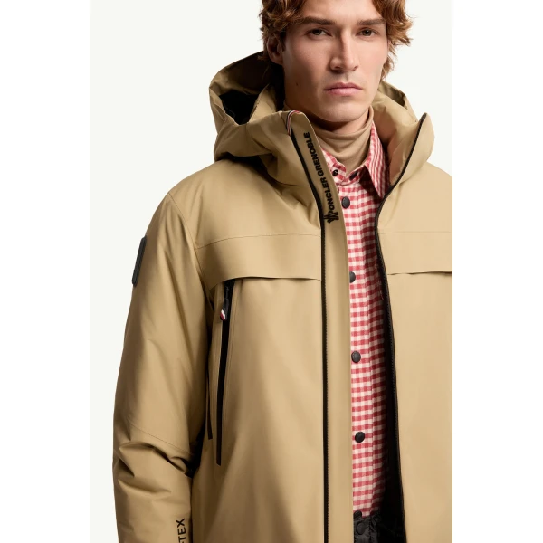 Moncler Balmhorn Hooded GORE-TEX Insulated Ski Jacket in Light Brown, view 6 | Men's Skiwear | Coveti
