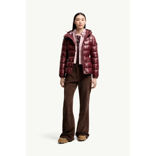 Moncler Barante Hooded Short Down Jacket in Burgundy, view 2 | Women's Puffer Jackets | Coveti