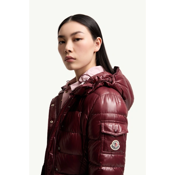 Moncler Barante Hooded Short Down Jacket in Burgundy, view 3 | Women's Puffer Jackets | Coveti