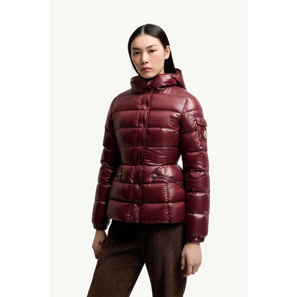 Moncler Barante Hooded Short Down Jacket in Burgundy, view 4 | Women's Puffer Jackets | Coveti