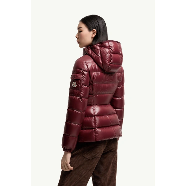 Moncler Barante Hooded Short Down Jacket in Burgundy, view 5 | Women's Puffer Jackets | Coveti