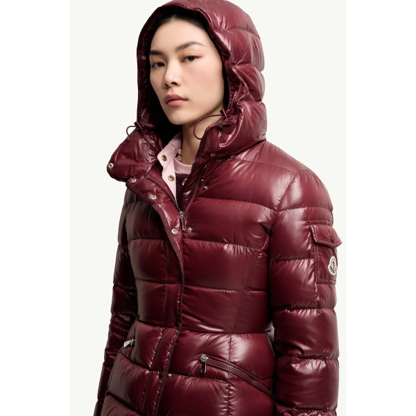 Moncler Barante Hooded Short Down Jacket in Burgundy, view 6 | Women's Puffer Jackets | Coveti