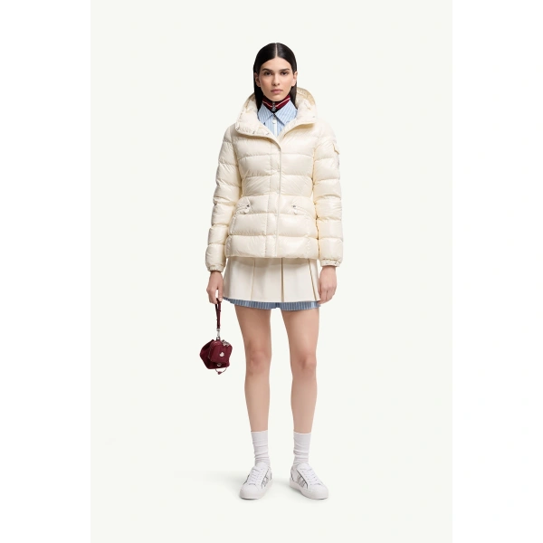 Moncler Barante Hooded Short Down Jacket in White Ivory, view 2 | Women's Puffer Jackets | Coveti