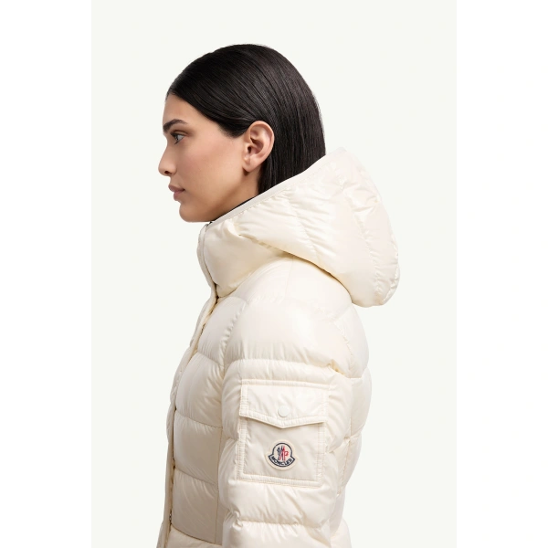Moncler Barante Hooded Short Down Jacket in White Ivory, view 3 | Women's Puffer Jackets | Coveti