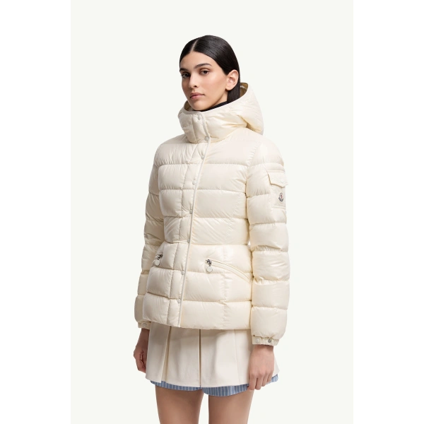 Moncler Barante Hooded Short Down Jacket in White Ivory, view 4 | Women's Puffer Jackets | Coveti