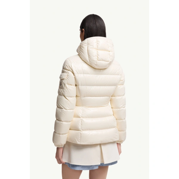 Moncler Barante Hooded Short Down Jacket in White Ivory, view 5 | Women's Puffer Jackets | Coveti