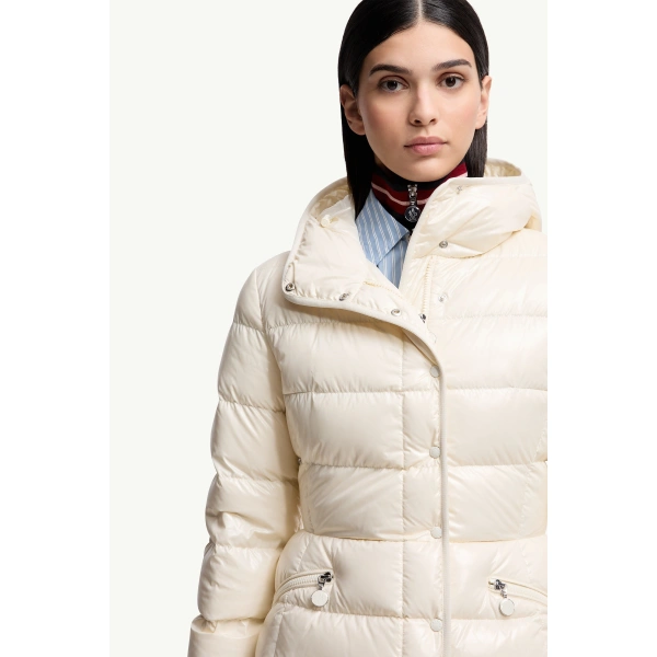 Moncler Barante Hooded Short Down Jacket in White Ivory, view 6 | Women's Puffer Jackets | Coveti