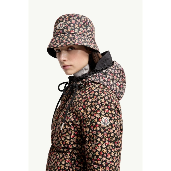 Moncler Becfigue Floral Hooded Down Jacket in Black, view 3 | Women's Puffer Jackets | Coveti