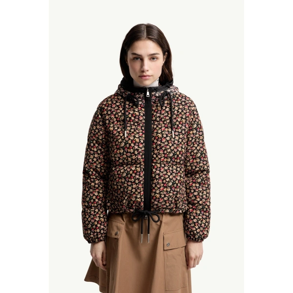 Moncler Becfigue Floral Hooded Down Jacket in Black, view 4 | Women's Puffer Jackets | Coveti