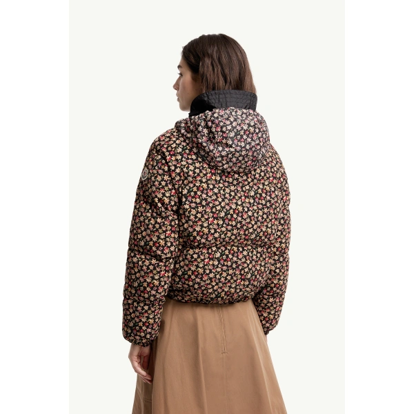 Moncler Becfigue Floral Hooded Down Jacket in Black, view 5 | Women's Puffer Jackets | Coveti