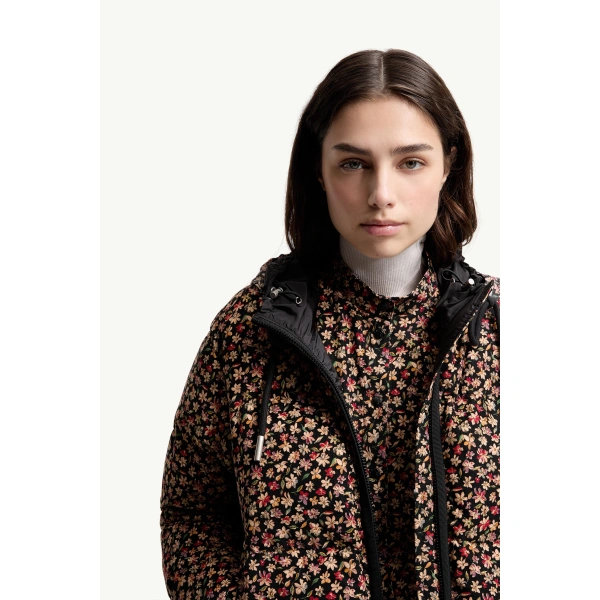 Moncler Becfigue Floral Hooded Down Jacket in Black, view 6 | Women's Puffer Jackets | Coveti