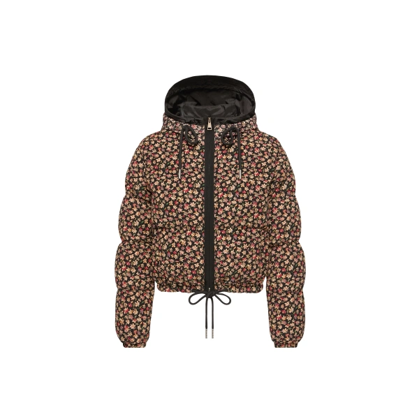Moncler Becfigue Floral Hooded Down Jacket in Black | Women's Puffer Jackets | Coveti