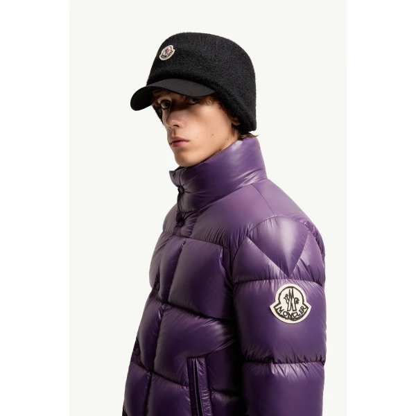 Moncler Bendola Laque Short Down Jacket in Purple, view 3 | Men's Jackets | Coveti