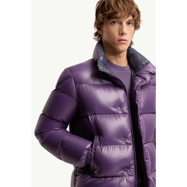 Moncler Bendola Laque Short Down Jacket in Purple, view 6 | Men's Jackets | Coveti