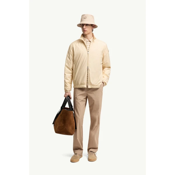 Moncler Berre Short Down Jacket in Ochre Yellow, view 2 | Men's Jackets | Coveti