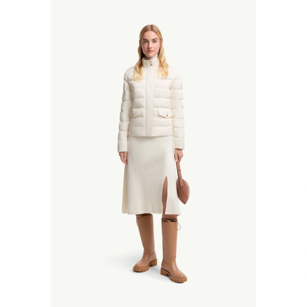 Moncler Bessettes Short Down Jacket in White Ivory, view 2 | Women's Puffer Jackets | Coveti