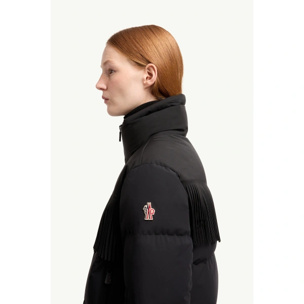Moncler Bessin Fringed Insulated Ski Jacket in Black, view 3 | Women's Ski Jackets | Coveti