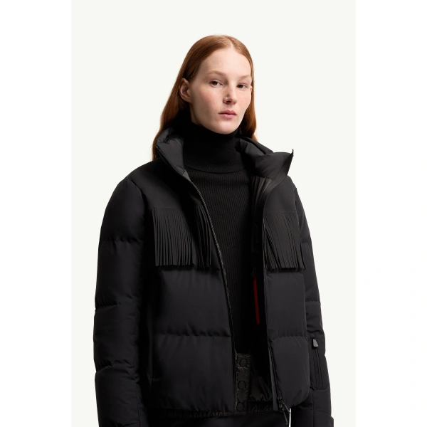 Moncler Bessin Fringed Insulated Ski Jacket in Black, view 6 | Women's Ski Jackets | Coveti