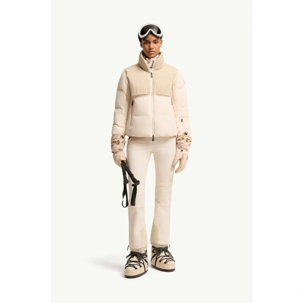 Moncler Bessin Fringed Insulated Ski Jacket in Light Beige, view 2 | Women's Ski Jackets | Coveti