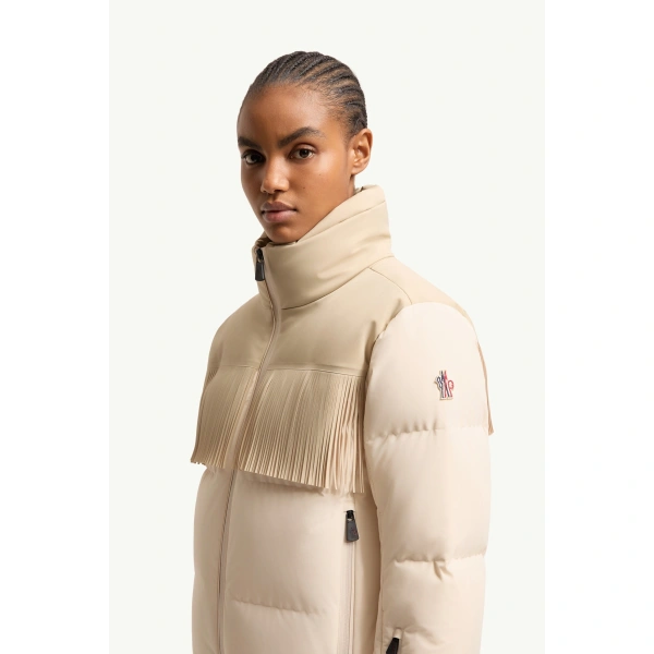 Moncler Bessin Fringed Insulated Ski Jacket in Light Beige, view 3 | Women's Ski Jackets | Coveti