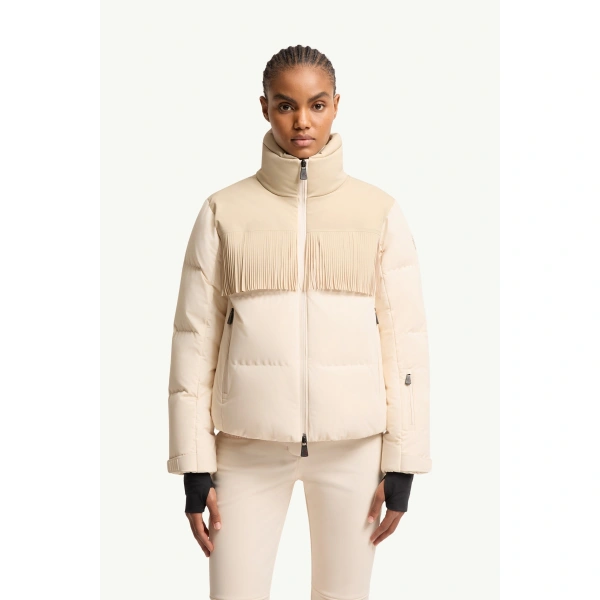 Moncler Bessin Fringed Insulated Ski Jacket in Light Beige, view 4 | Women's Ski Jackets | Coveti
