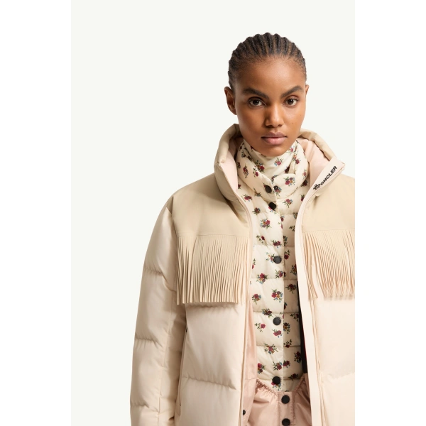 Moncler Bessin Fringed Insulated Ski Jacket in Light Beige, view 6 | Women's Ski Jackets | Coveti
