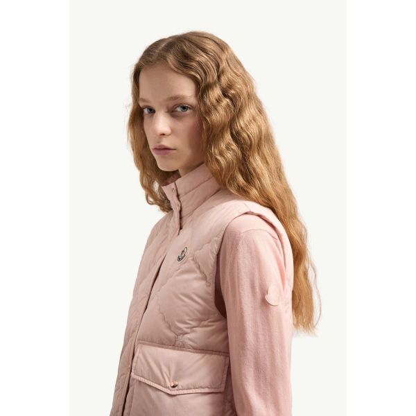 Moncler Biois Down Gilet in Light Pink, view 3 | Women's Vests and Gilets | Coveti