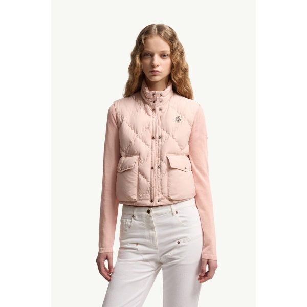 Moncler Biois Down Gilet in Light Pink, view 4 | Women's Vests and Gilets | Coveti