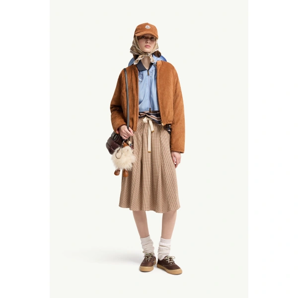 Moncler Blageon Corduroy Reversible Down Jacket in Camel Beige, view 2 | Women's Bomber Jackets | Coveti