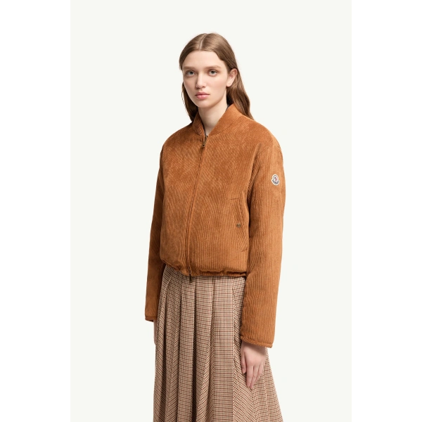 Moncler Blageon Corduroy Reversible Down Jacket in Camel Beige, view 4 | Women's Bomber Jackets | Coveti