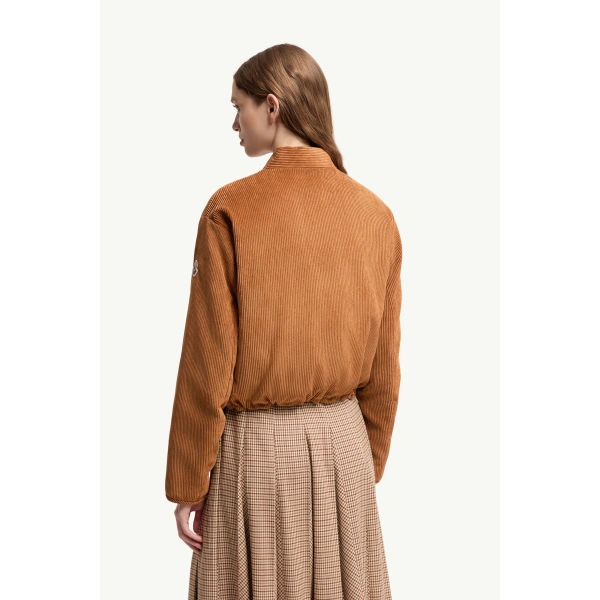Moncler Blageon Corduroy Reversible Down Jacket in Camel Beige, view 5 | Women's Bomber Jackets | Coveti
