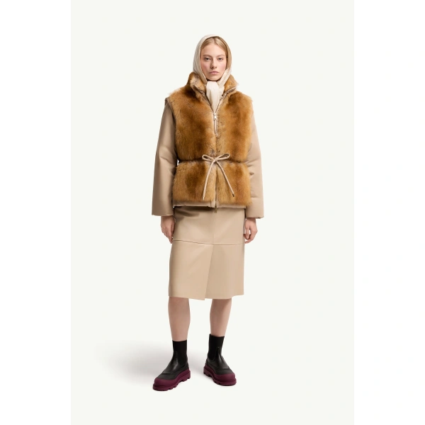 Moncler Blaireau 2-in-1 Shearling Down Jacket in Beige, view 2 | Women's Shearling Jackets | Coveti