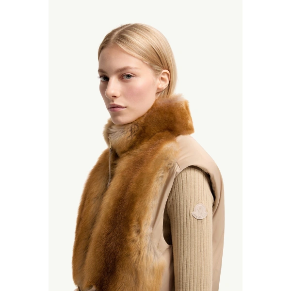 Moncler Blaireau 2-in-1 Shearling Down Jacket in Beige, view 3 | Women's Shearling Jackets | Coveti