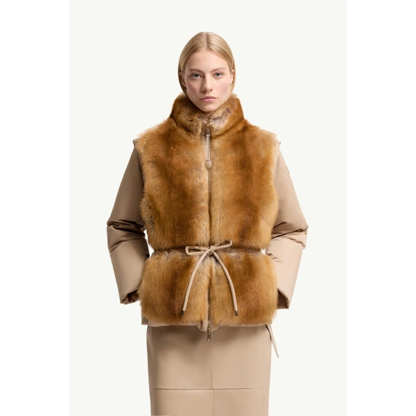 Moncler Blaireau 2-in-1 Shearling Down Jacket in Beige, view 4 | Women's Shearling Jackets | Coveti