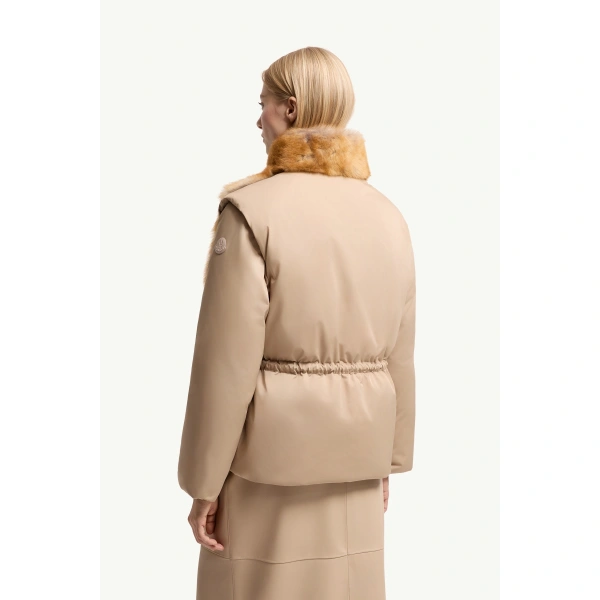 Moncler Blaireau 2-in-1 Shearling Down Jacket in Beige, view 5 | Women's Shearling Jackets | Coveti