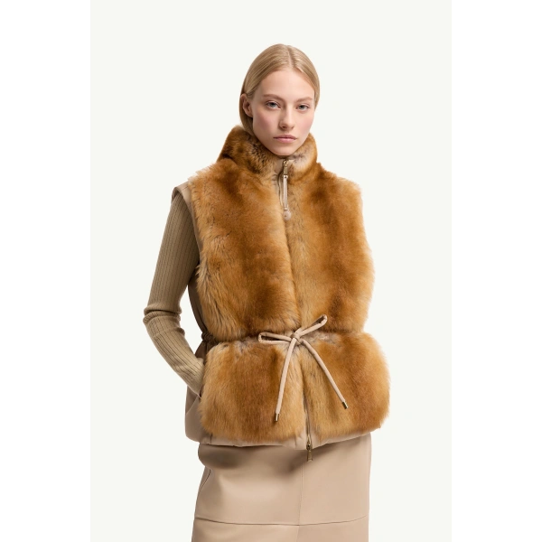 Moncler Blaireau 2-in-1 Shearling Down Jacket in Beige, view 6 | Women's Shearling Jackets | Coveti