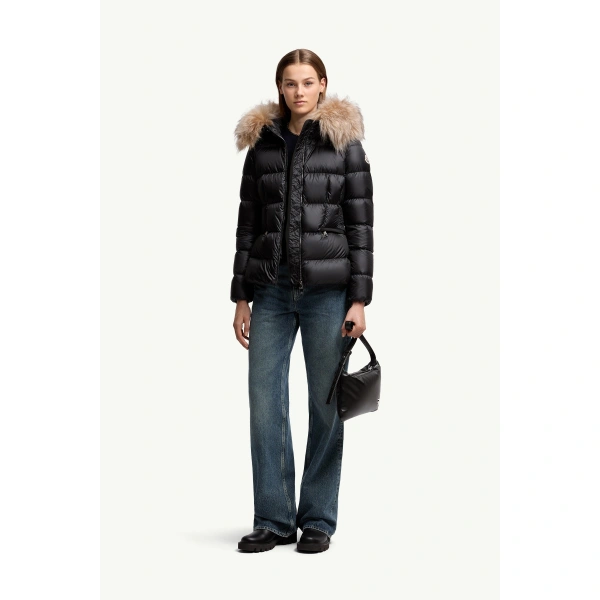 Moncler Boed Hooded Shearling-Trimmed Short Down Jacket in Black & Beige, view 2 | Women's Puffer Jackets | Coveti