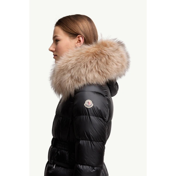 Moncler Boed Hooded Shearling-Trimmed Short Down Jacket in Black & Beige, view 3 | Women's Puffer Jackets | Coveti