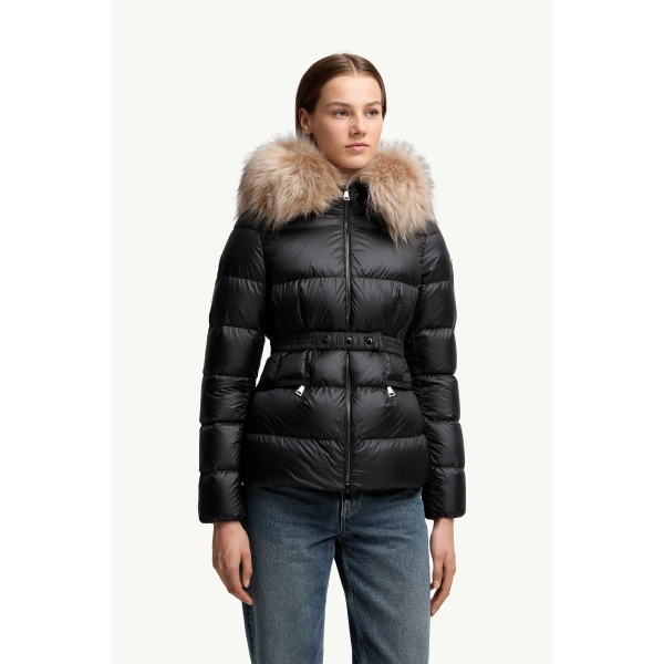 Moncler Boed Hooded Shearling-Trimmed Short Down Jacket in Black & Beige, view 4 | Women's Puffer Jackets | Coveti