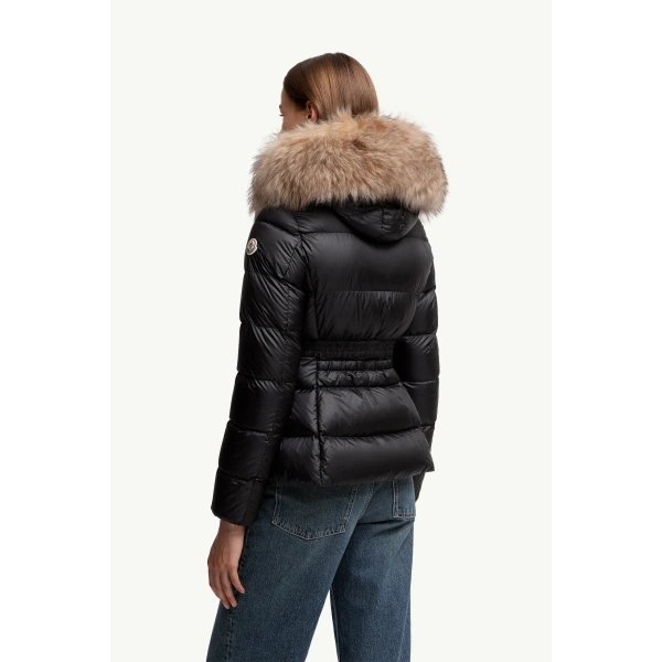 Moncler Boed Hooded Shearling-Trimmed Short Down Jacket in Black & Beige, view 5 | Women's Puffer Jackets | Coveti