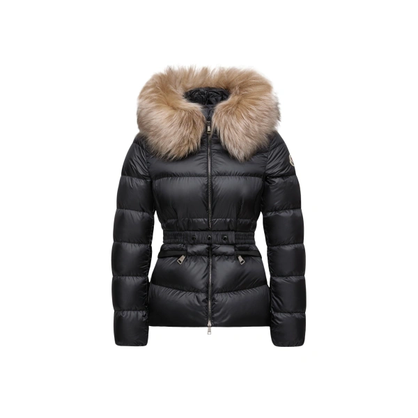 Boed Hooded Shearling-Trimmed Short Down Jacket in Black & Beige