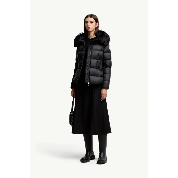 Moncler Boed Hooded Shearling-Trimmed Short Down Jacket in Black, view 2 | Women's Puffer Jackets | Coveti