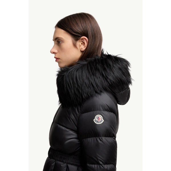 Moncler Boed Hooded Shearling-Trimmed Short Down Jacket in Black, view 3 | Women's Puffer Jackets | Coveti