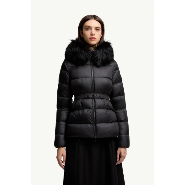 Moncler Boed Hooded Shearling-Trimmed Short Down Jacket in Black, view 4 | Women's Puffer Jackets | Coveti