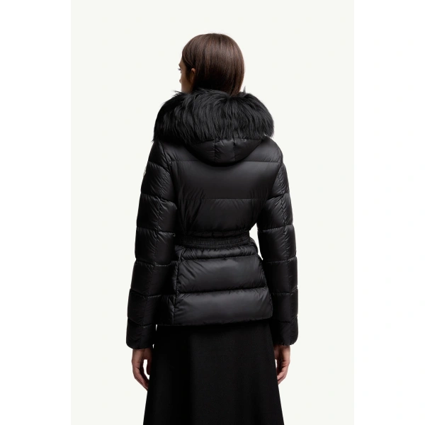 Moncler Boed Hooded Shearling-Trimmed Short Down Jacket in Black, view 5 | Women's Puffer Jackets | Coveti