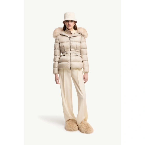 Moncler Boed Hooded Shearling-Trimmed Short Down Jacket in Light Beige, view 2 | Women's Puffer Jackets | Coveti