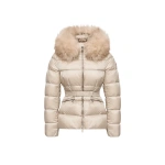 Moncler Boed Hooded Shearling-Trimmed Short Down Jacket in Light Beige | Women's Puffer Jackets | Coveti